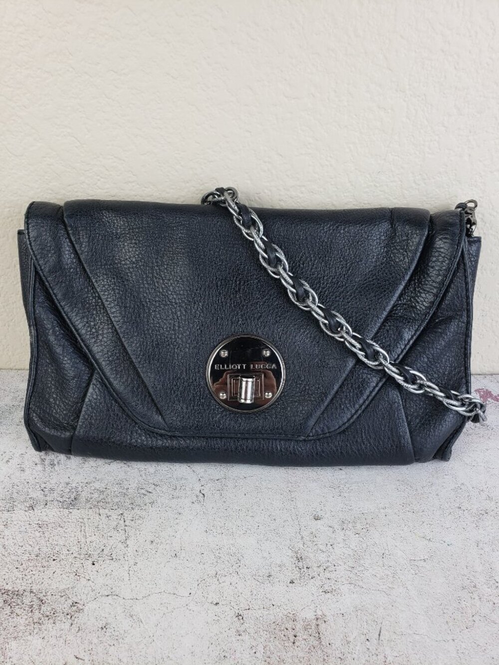 Elliott Lucca Leather Shoulder Bag Envelope Clutch Chain Strap Black/ Silver